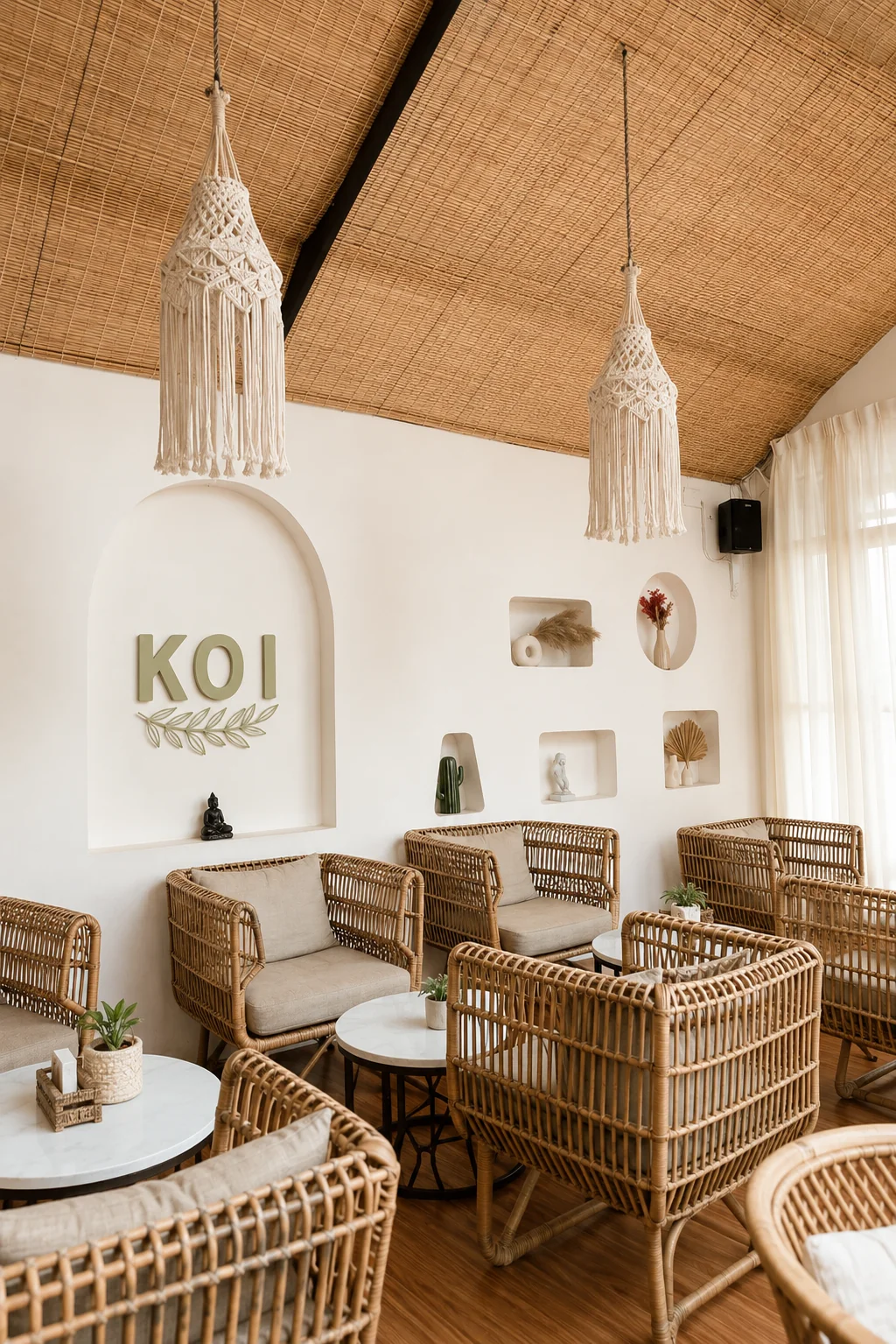 Bright modern café interior in Udaipur with cane chairs, the kind of space where local founders meet